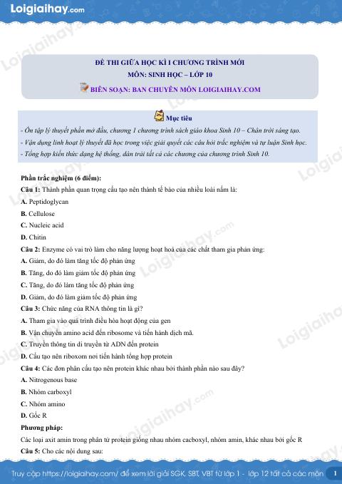 Đề thi giữa kì 1 Sinh 10 Chân trời sáng tạo - Đề số 6